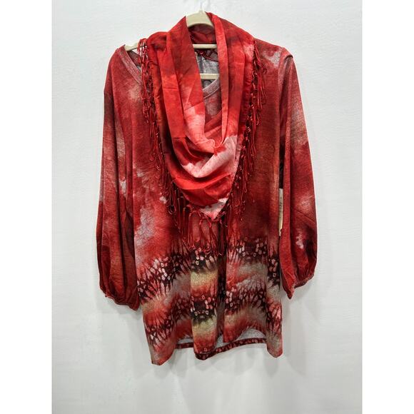 One World Womens Red Tie Dye Long Sleeve Tunic Top With Matching Scarf Size 2X - Picture 1 of 16